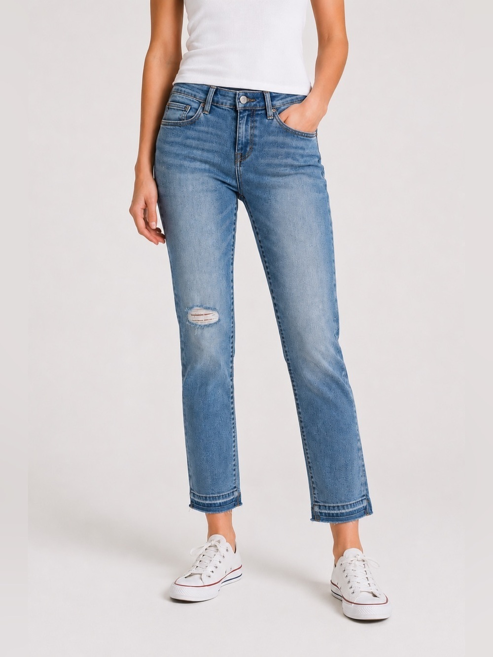 DEAR JOHN Straight Jeans Raw Hem Distressed Palm Spring Light Wash Denim EUC